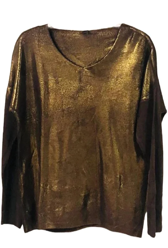 Women's Light Weight Sweater In Gold Foil Polka Dot Checkered Tartan
