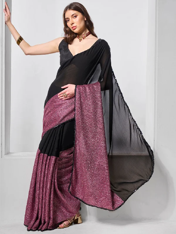 Women Party Wear Moss Chiffon Saree with Un Stitched Blouse Elegant Office Blouse