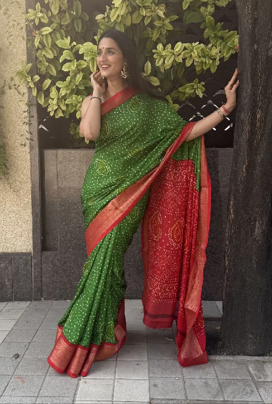 Women Party Wear Bandhani Foil Printed Marsh Mellow Silk Saree with Un Stitched Blouse Versatile Layering Blouse