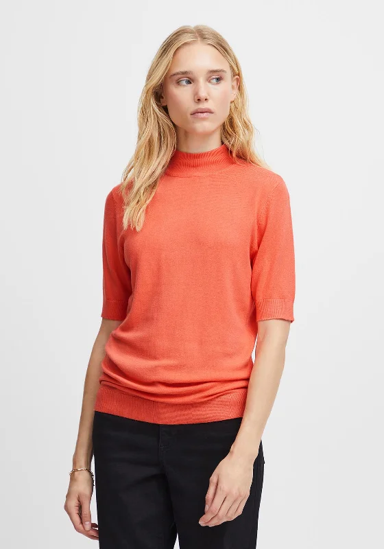 Ichi Mafa Short Sleeve Sweater, Hot Coral Rayon Fabric Velvet Fabric Corduroy Fabric