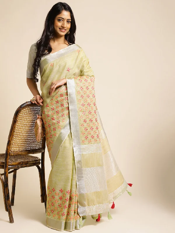 Women Party Wear Embroidery Worked Pure Cotton Linen Silk Saree with Un Stitched Blouse Feminine Tie Blouse