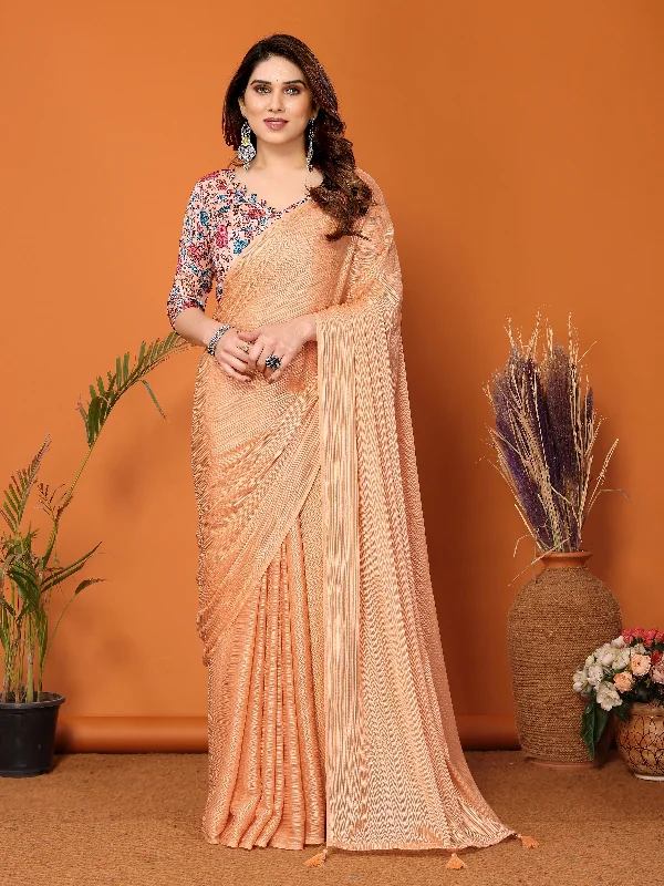 Women Orange Polyester Zari Plain Saree With Un-Stiched Blouse Sheer Mesh Blouse