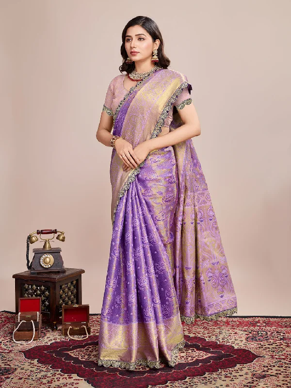 Women Party Wear Jari Weaving Worked Kanjivaram Silk Saree with Un Stitched Blouse Soft Satin Blouse