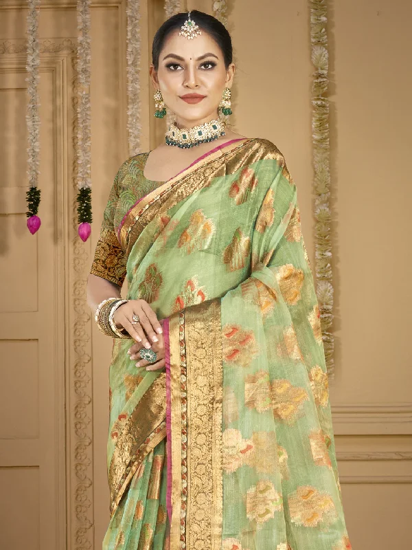 Women Pista Green Organza Saree With Un Stitched Blouse Slim Fit Blouse