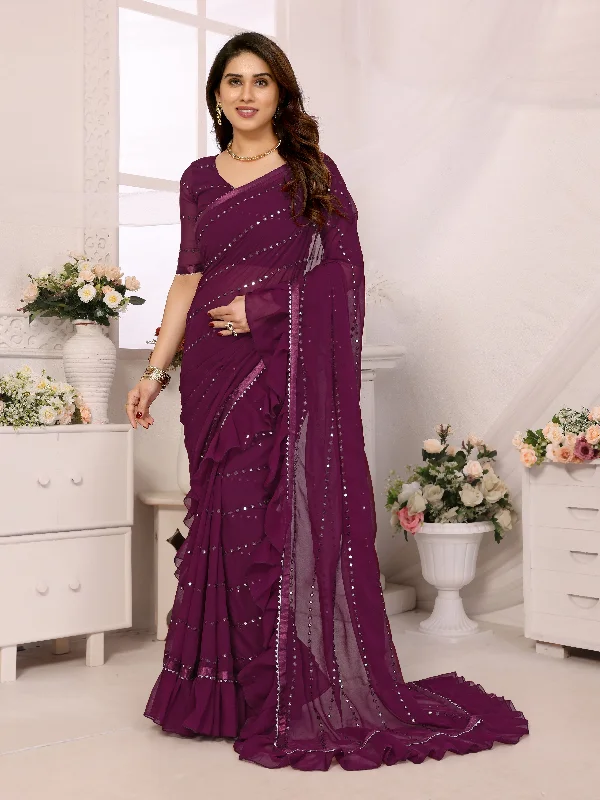 Women Purple Georgette Mirror Work Saree With Un-Stiched Blouse Delicate Bow Blouse
