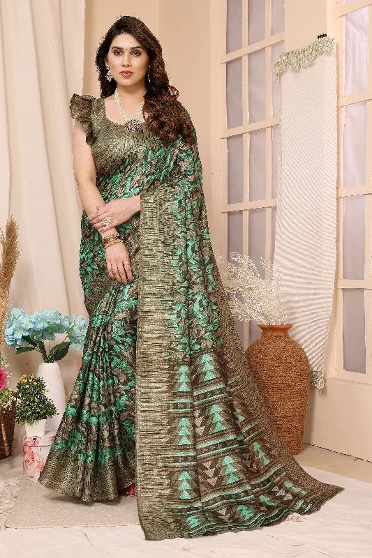 Women Green Khadi Printed Saree With Un-Stiched Blouse Chic Wrap Blouse