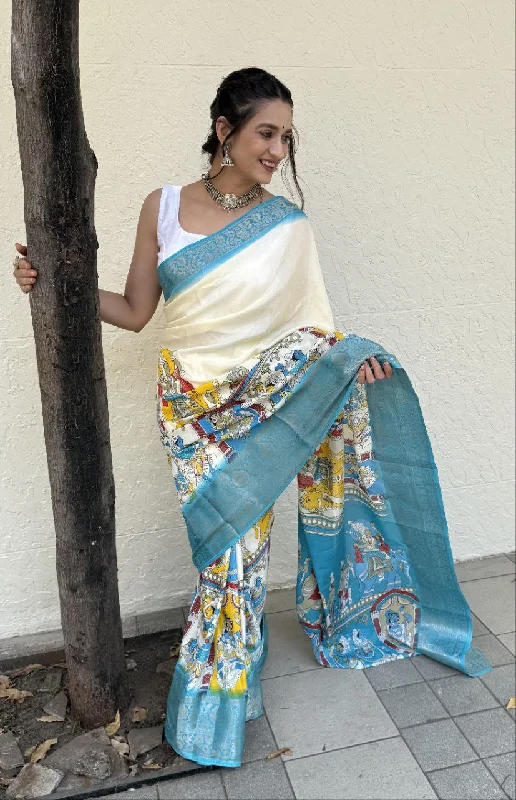 Women Party Wear Flower Print Dhola Silk Saree with Un Stitched Blouse Off-Shoulder Wrap Blouse