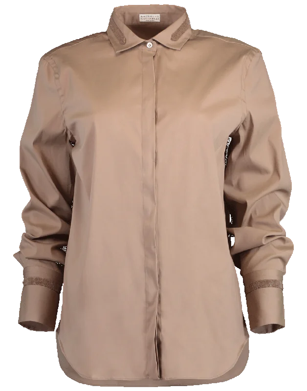 Stretch Monili Collar and Cuff Blouse Satin Long Blouse