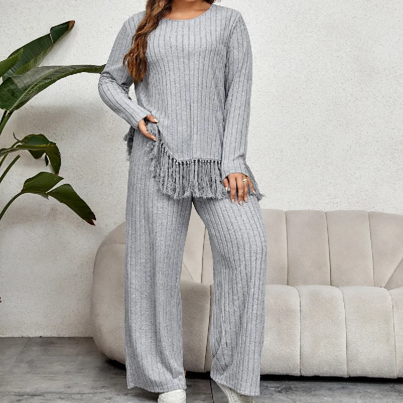 Plus Size Irregular Asymmetric Tassel Long Sleeved Top Loose Wide Leg Pants Suit Cozy Maternity Pants