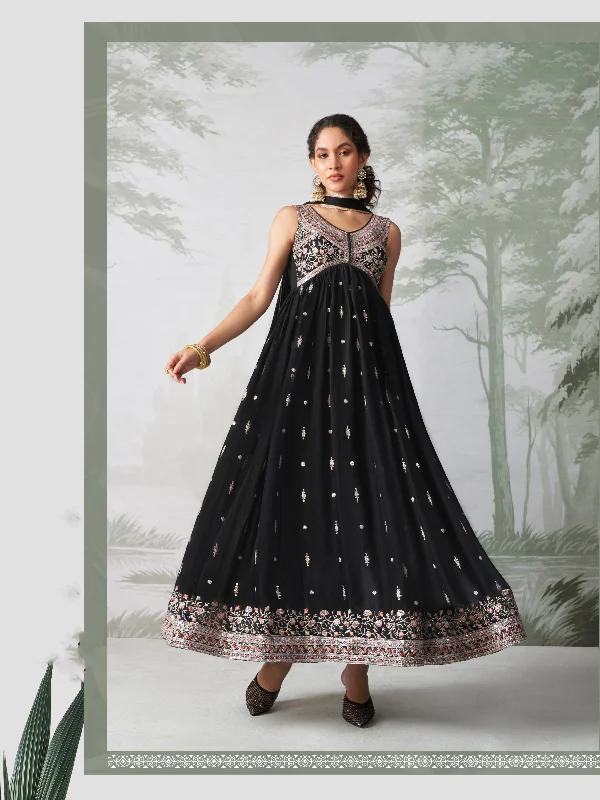 Black Georgette Sequins Embroidered  Anarkali Gown With Pant Dupatta Elegant High-Waist Pants