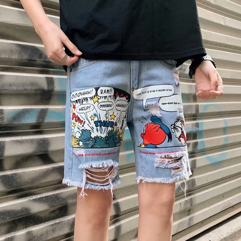 Denim Shorts Men's Summer Trendy Hong Kong Style Loose Straight Men's Short Pants Ripped Denim Middle Pants Simple Men's Fashion Trendy Velvet Pants