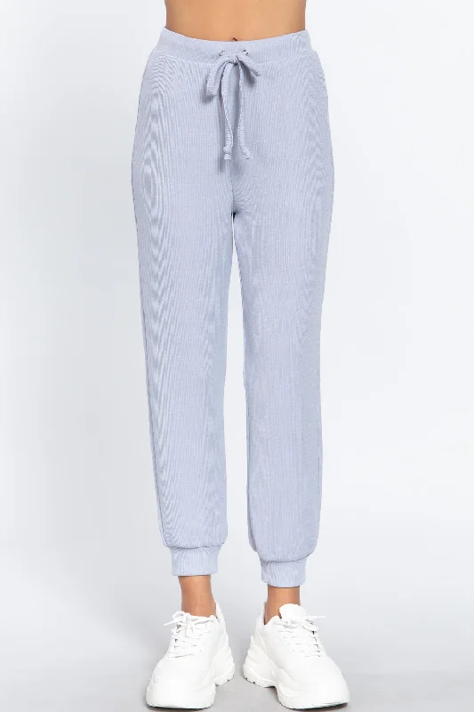 Waist String Detail Hacci Long Pants Stylish Slim Trousers