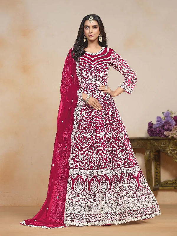 Pink Net Embroidered  Anarkali Kurti With Pant Dupatta Casual Sweatpants Style