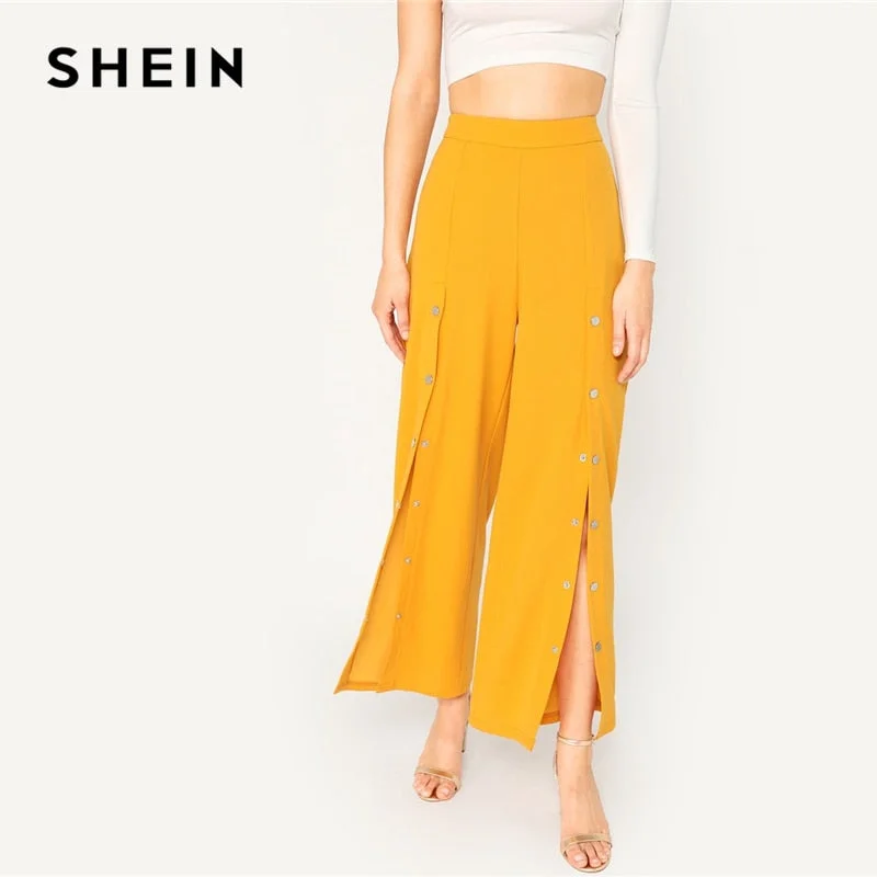 SHEIN Bright Gold Button Split Front Wide Leg Long Plain Pants Women Elastic Waist Morden Lady Spring Spring Loose Pants Casual Sweatpants Style