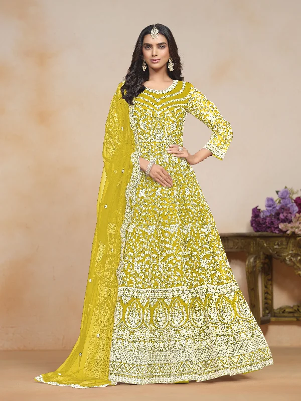 Lime Net Embroidered  Anarkali Kurti With Pant Dupatta Elegant Trouser Pants