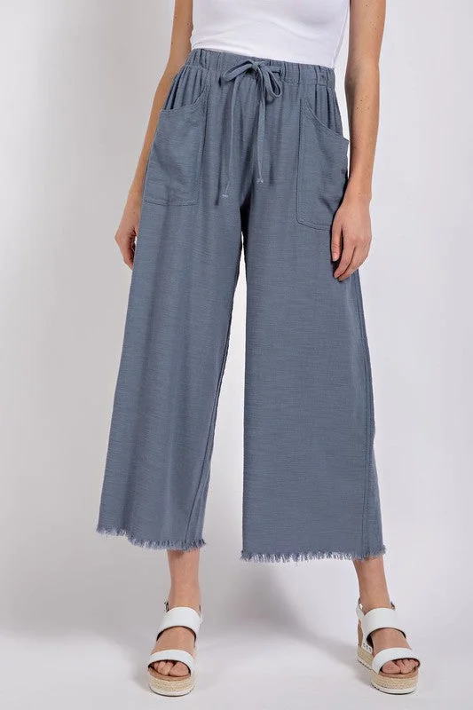 Slate Blue Wide Leg Frayed Pants Casual Plaid Pants