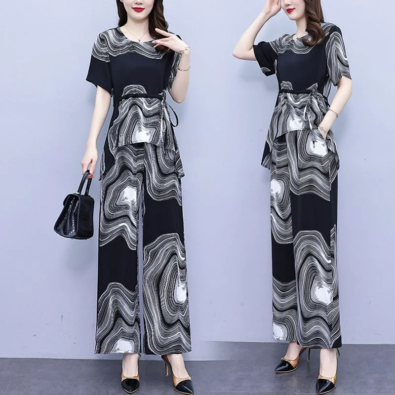Fashion Middle-Aged Women's Wide-Legged Pants Suit Women's Summer Wear  New Western Style Anti-Aging Tummy Hiding Slimming Two-Piece Suit Fashionable Tapered Leg Pants
