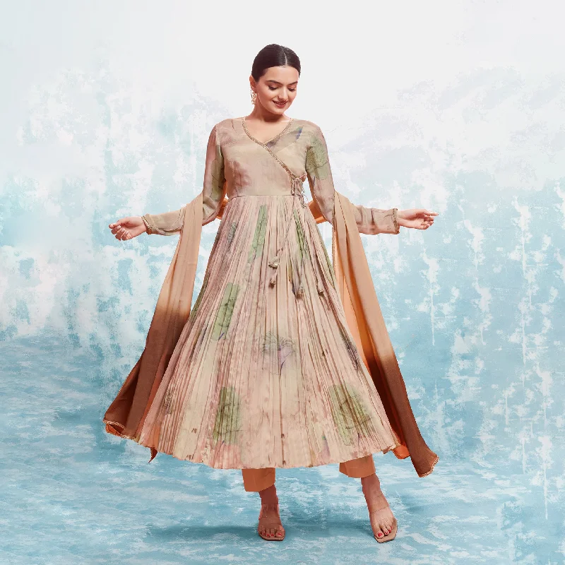 Brown Chinon Printed Angrakha Style Gown With Pant Dupatta Comfortable Denim Pants