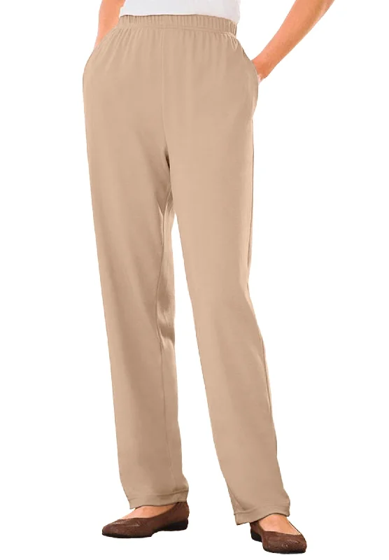 Woman Within Plus Size 7-Day Knit Straight Leg Pant | Stretch Elastic Waist | Petite & Tall - 1X, New Khaki Beige High-Waist Trousers