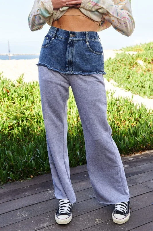 Davi & Dani Raw Hem Denim Patchwork Wide Leg Pants In Grey Modern Bootcut Pants