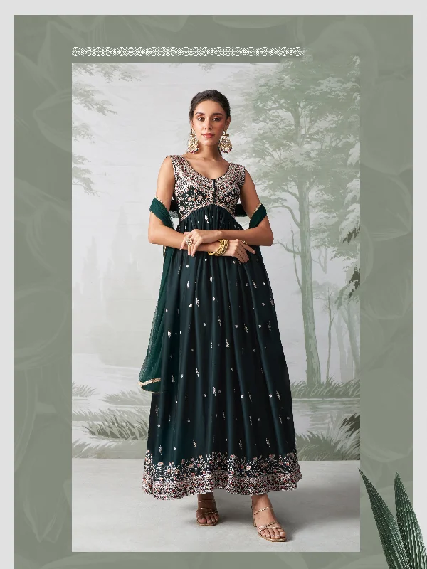 Green Georgette Sequins Embroidered  Anarkali Gown With Pant Dupatta Formal Dress Pants