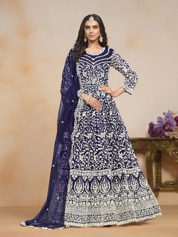 Blue Net Embroidered  Anarkali Kurti With Pant Dupatta Stylish Paperbag Waist Pants