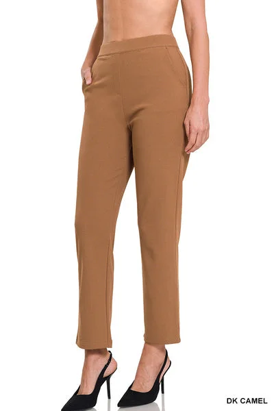 Camel Pull-On Dress Pants Chic Slim Fit Pants