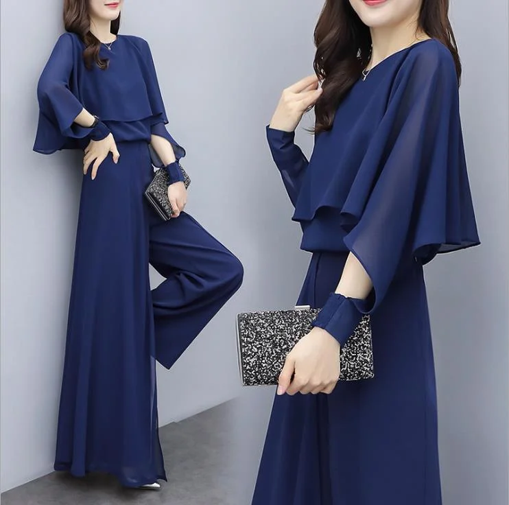 Chiffon High Waist Wide Leg Pants Suit Women's Summer New Women's Clothing Korean Style Western Style Leisure Fashion Two-Piece Suit Spring Sleek Black Pants