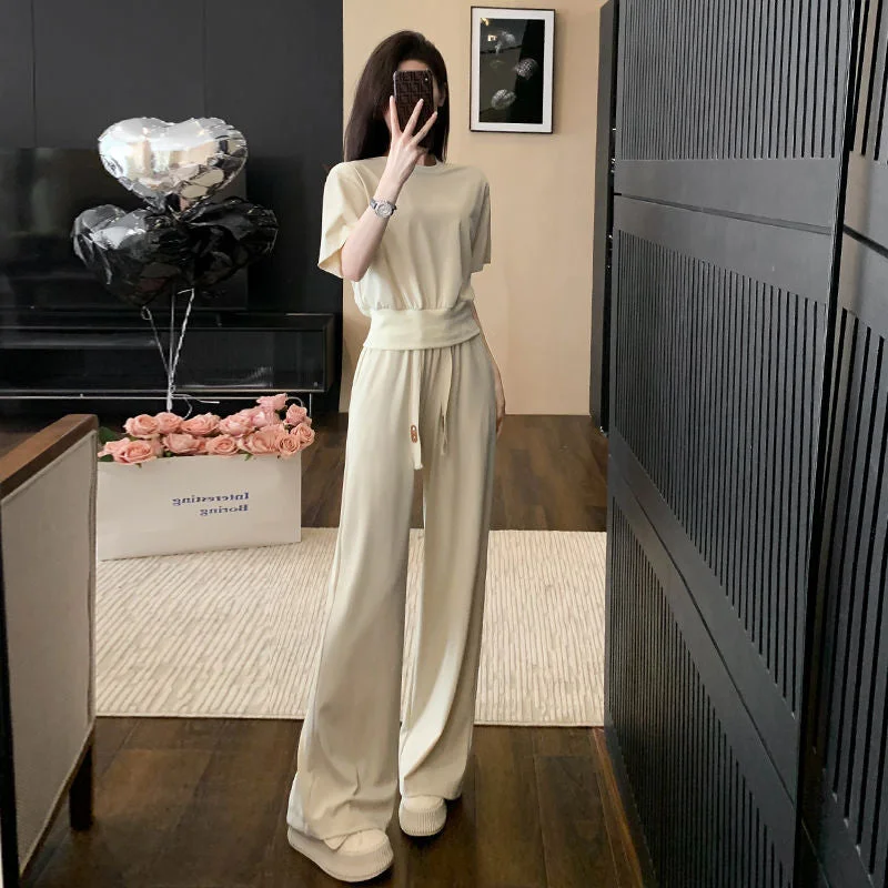 Design Casual Sports Suit Women's Summer Wear  New Younger Fashion Temperament Short Sleeve Wide Leg Pants Two-Piece Set Slim Fit Casual Pants
