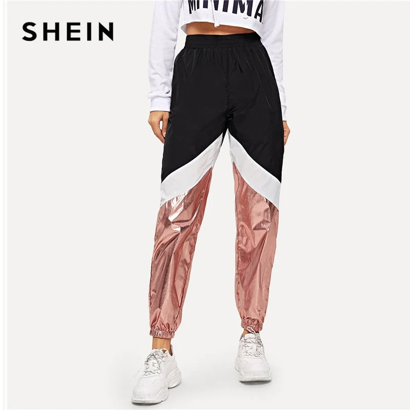 SHEIN Multicolor Color-block Contrast Metallic 100% Nylon Pants 2019 Spring Women Modern Lady Elegant Tapered/Carrot Pants Chic Faux Leather Pants
