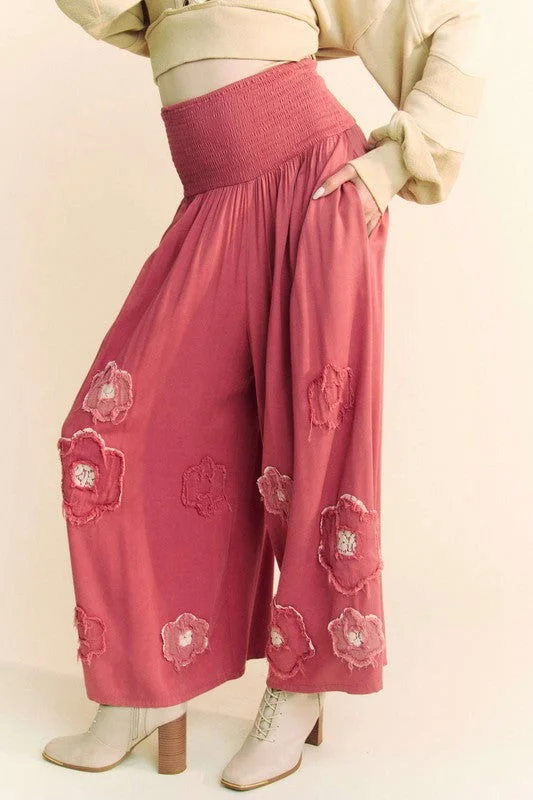 Davi & Dani Smocked Waist Flower Patch Wide Leg Pants Classic Straight-Leg Pants