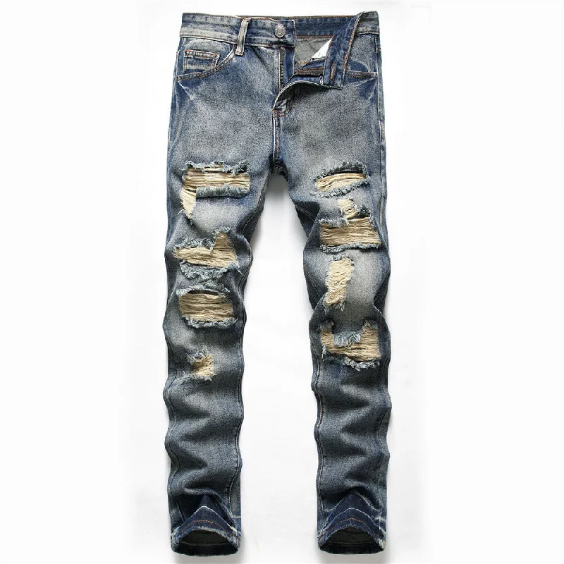 European and American  New Denim Men's Pants  Hot Trade Ripped Trendy Black Slim Fit Denim Straight-Leg Pants Men's Fashion Comfy Cargo Trousers