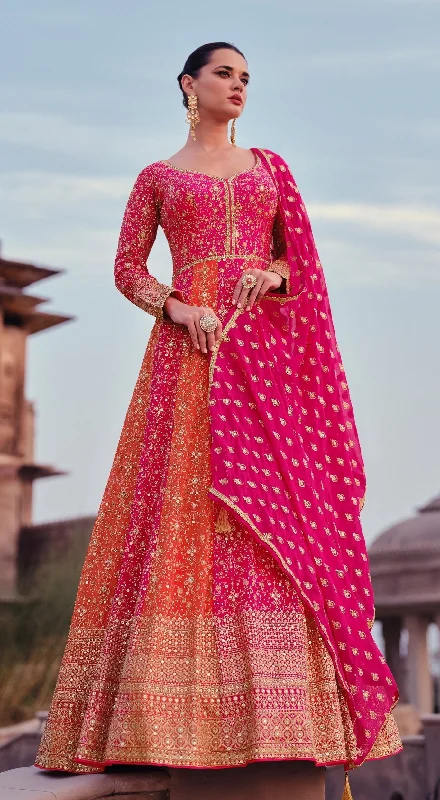 Pink Georgette Embroidered  Anarkali Kurti With Pant Dupatta Fashionable Jogger Pants