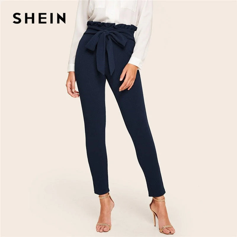 SHEIN Navy Elegant Paperbag Waist Belted Detail Solid High Waist Pants Women Fashion Frill Trim Elastic Waist Carrot Pants Fashionable Track Pants