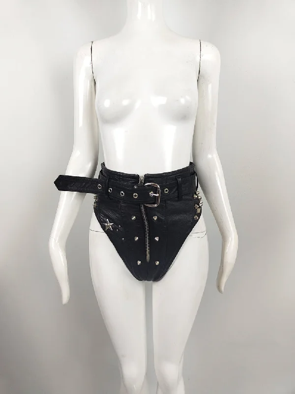 Katharine Hamnett Vintage Black Leather 'Clean Up or Die' Studded Hot Pants, 1990 Elegant High-Waist Pants