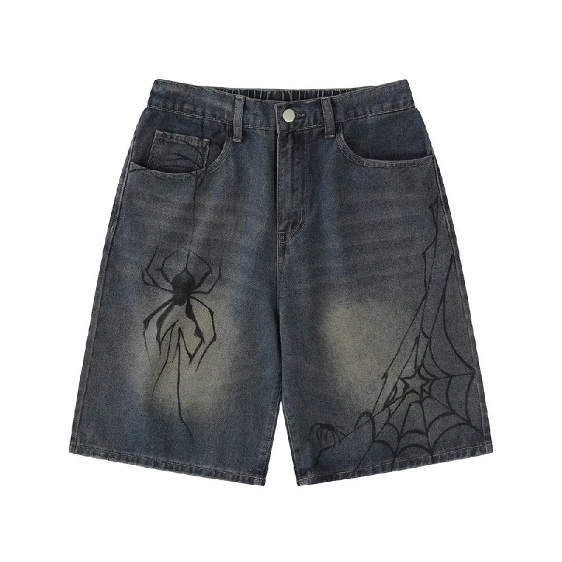 Cool Popular Brand Spider Print Denim Shorts Men's Loose Casual Washed White Fifth Pants American Retro Cozy Lounge Pants