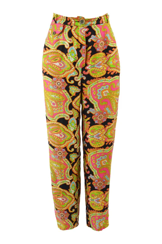 Women's Vintage Multicoloured Paisley Pants, 1990s Stylish Paperbag Waist Pants