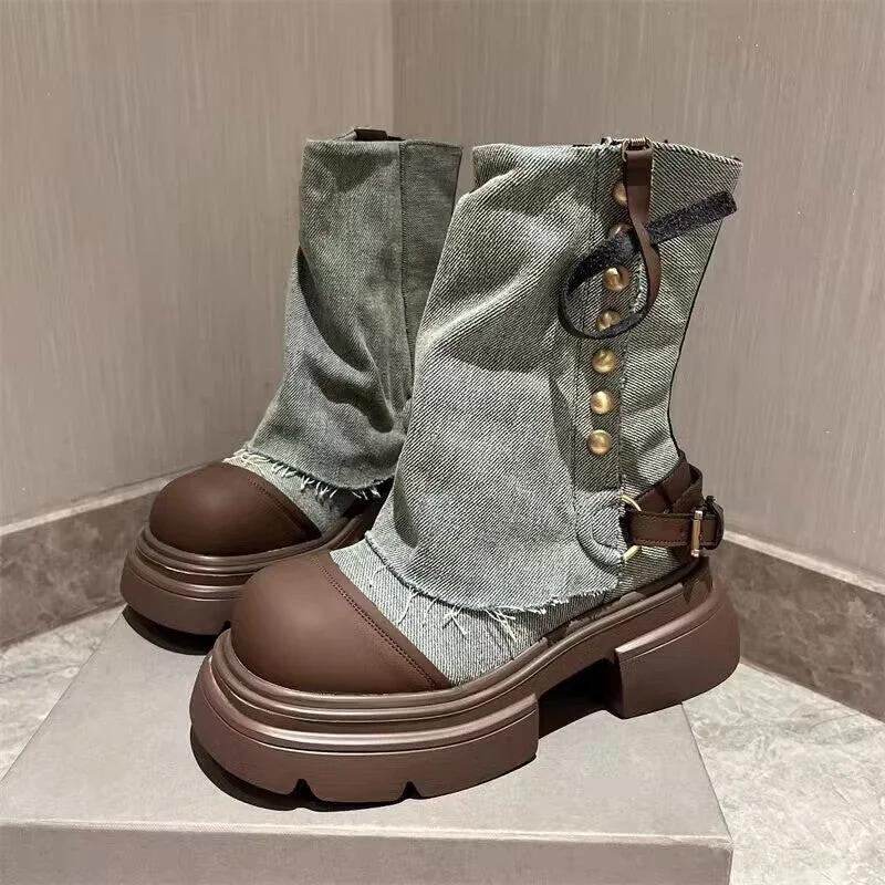 Design Pants Boots Women  Autumn and Winter Niche Korean Style Doll Head Muffin Cowboy Boot Fashion Short Boots Smoke Pipe Boots Chic Checkered Pants