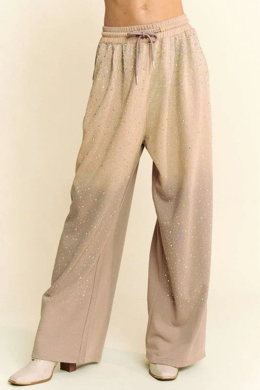 Davi & Dani Rhinestone Drawstring Wide Leg Pants In Tan Casual Yoga Pants