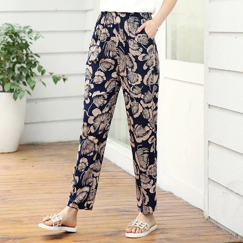 22 Colors 2019 Women Summer Casual Pencil Pants XL-5XL Plus Size High Waist Pants Printed Elastic Waist Middle Aged Women Pants Fashionable Tapered Leg Pants