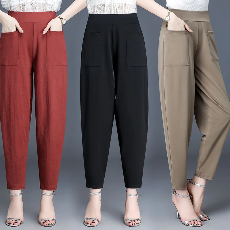 Spring Summer women pants Fashion Ankle-length loose Harem pants soft High waist elasticity Solid color leisure Corduroy pants Stylish Paperbag Waist Pants