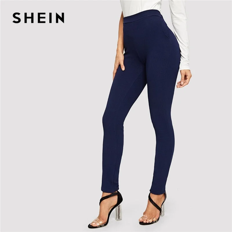 SHEIN Blue Pocket Side Solid Textured Elastic Waist Skinny Pants 2019 Casual Spring Women Mid Waist Tapered/Carrot Pants Cozy Knit Pants