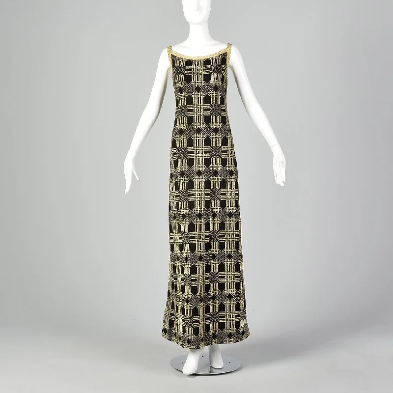 1970s Pierre Balmain Formal Black Maxi Dress with Geometric Gold Lurex Design Cozy Longline Maxi Dress