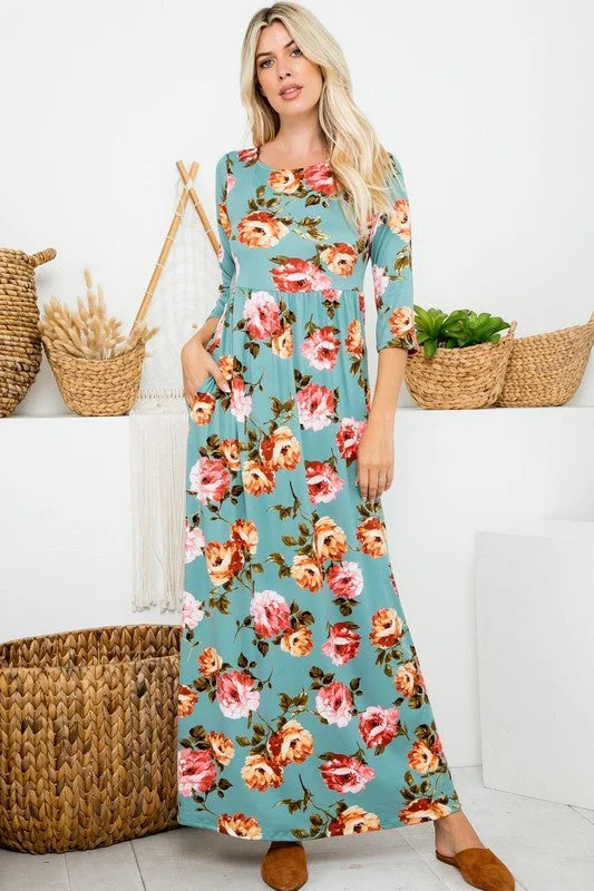 A Joyous Time Floral Maxi Dress in Sage Cozy Maxi Dress with Slit