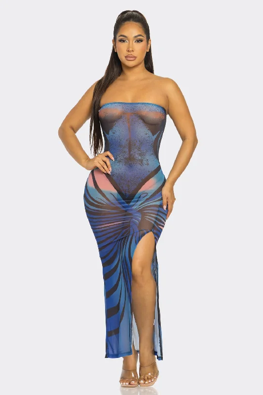 Abstract Print Slit Strapless Maxi Dress Cozy Longline Maxi Dress