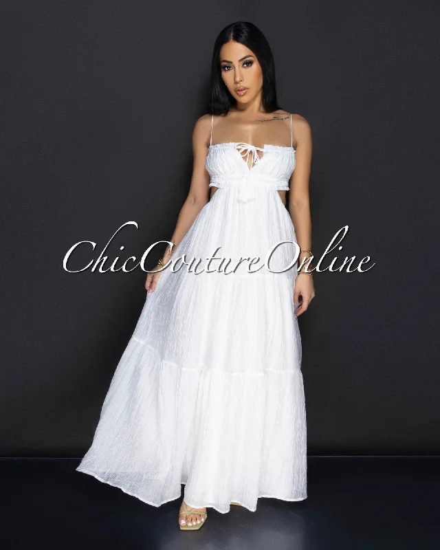 Aleana White Cut Out Ruffle Maxi Dress Comfortable Fitted Maxi Dress