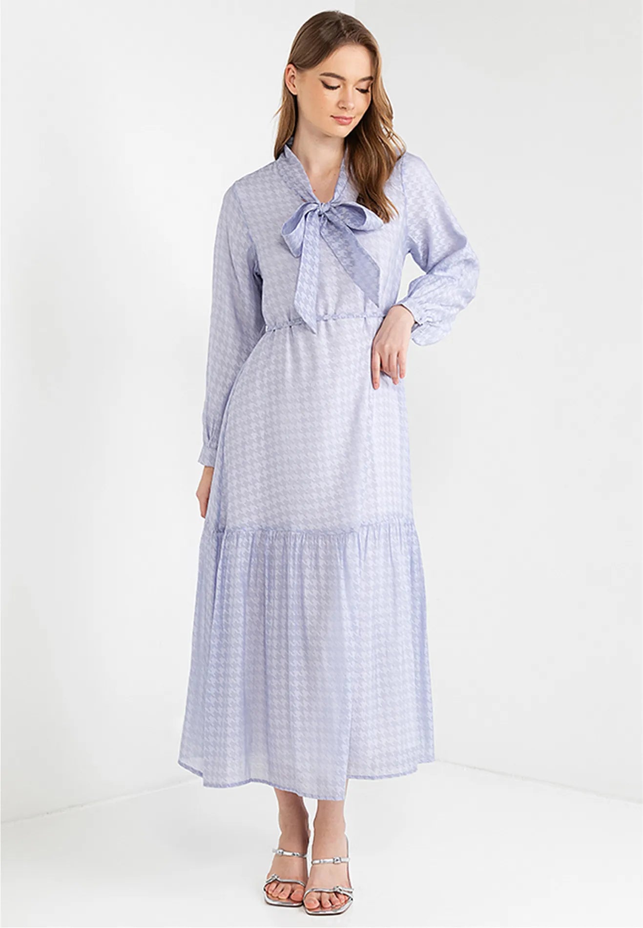 Ribbon Tie Houndstooth Maxi Dress Trendy Maxi Dress with Bow