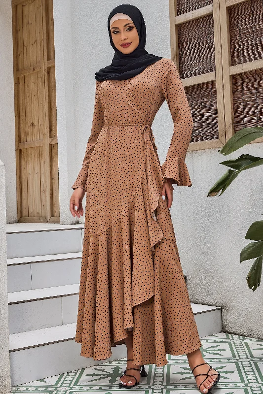 Beige Polka Dots Ruffle Wrap Maxi Dress-CLEARANCE Elegant Wraparound Maxi Dress