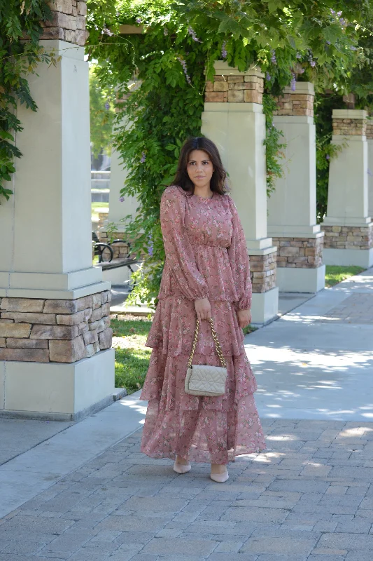 Bella Pink Floral Ruffled Maxi Dress Elegant Floral Maxi Dress