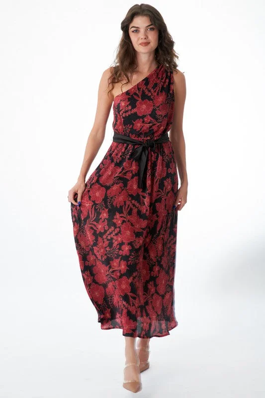 Black and Burgundy Floral One Shoudler Maxi Dress Fashionable Faux Wrap Maxi Dress